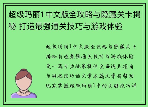 超级玛丽1中文版全攻略与隐藏关卡揭秘 打造最强通关技巧与游戏体验